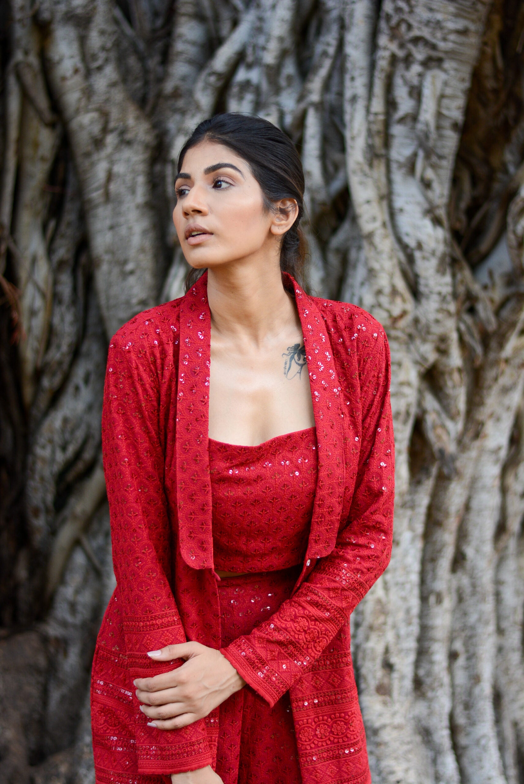 Moh The eternal dhaga- Chikankari Carmine red Three-piece set