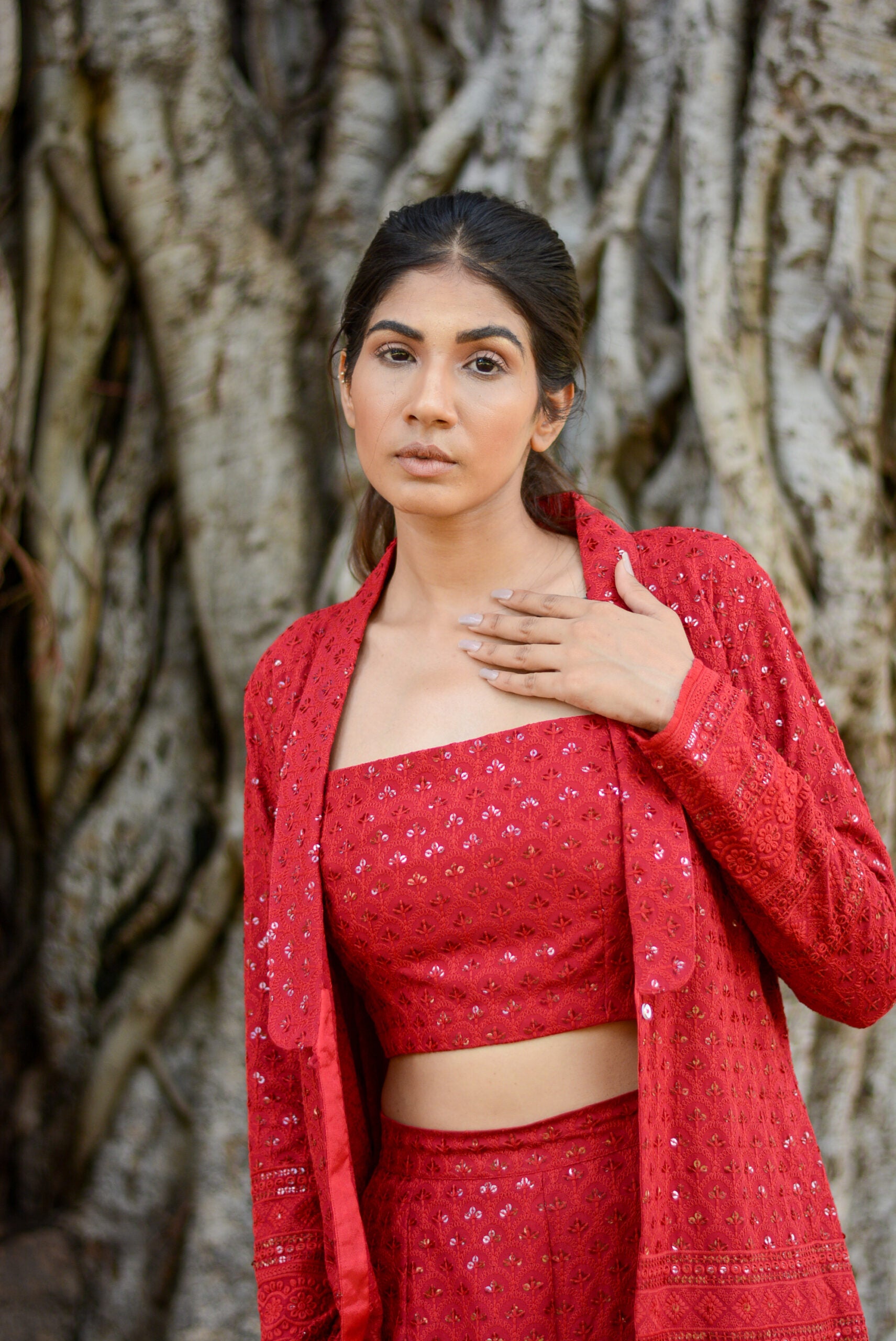 Moh The eternal dhaga- Chikankari Carmine red Three-piece set