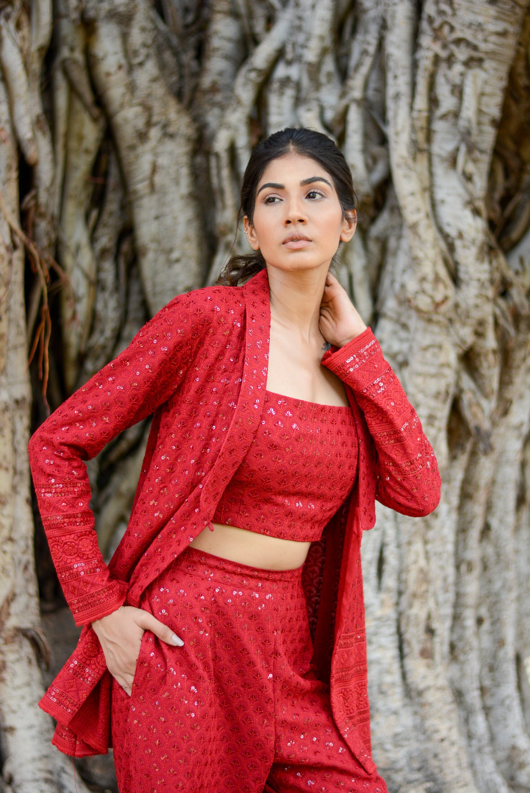 Moh The eternal dhaga- Chikankari Carmine red Three-piece set