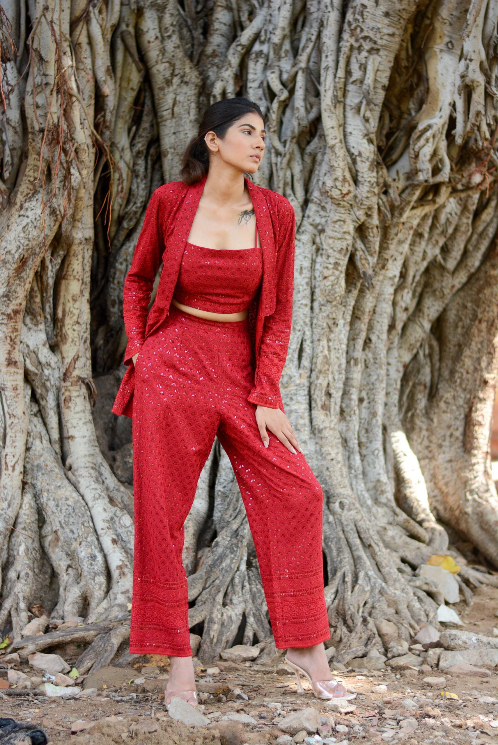Moh The eternal dhaga- Chikankari Carmine red Three-piece set