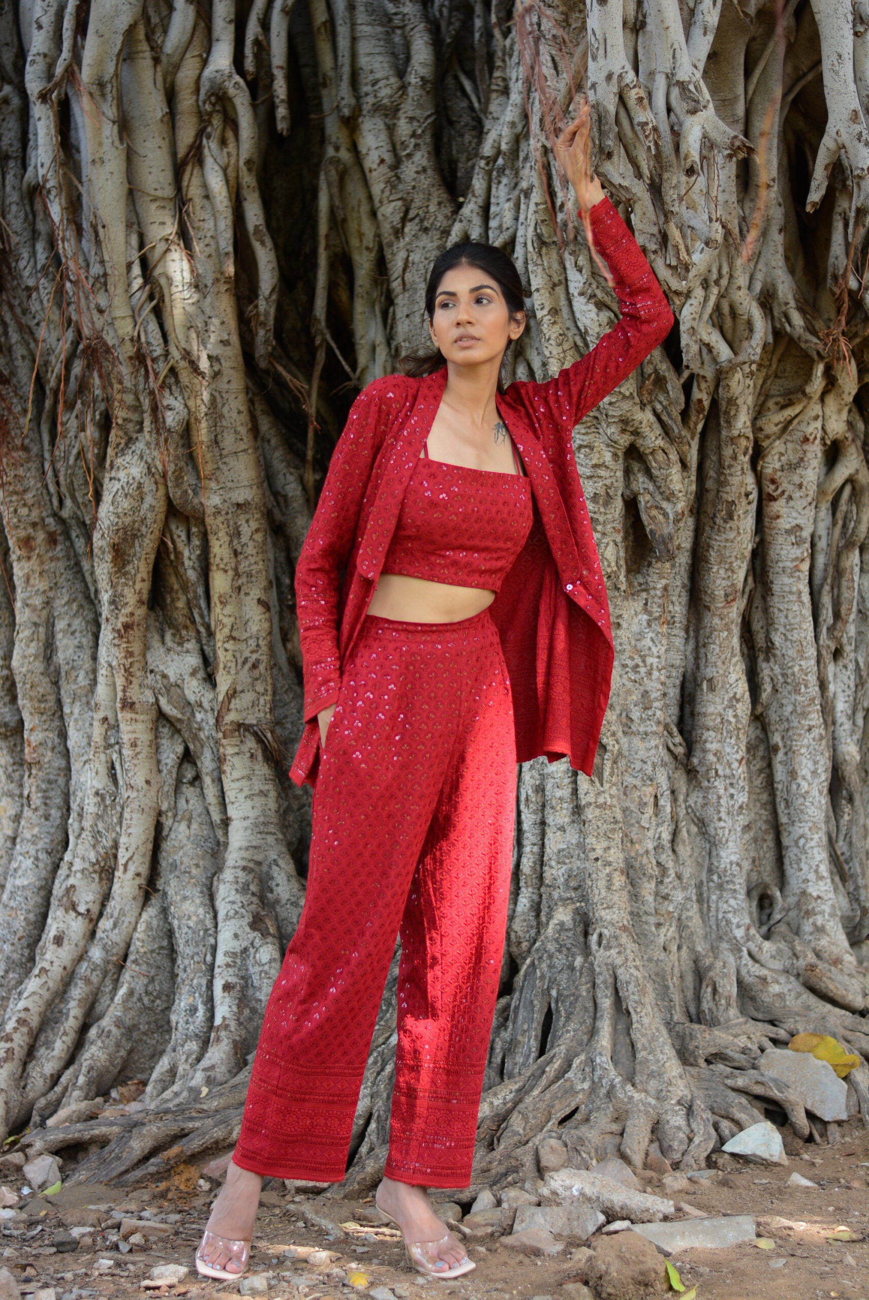 Moh The eternal dhaga- Chikankari Carmine red Three-piece set