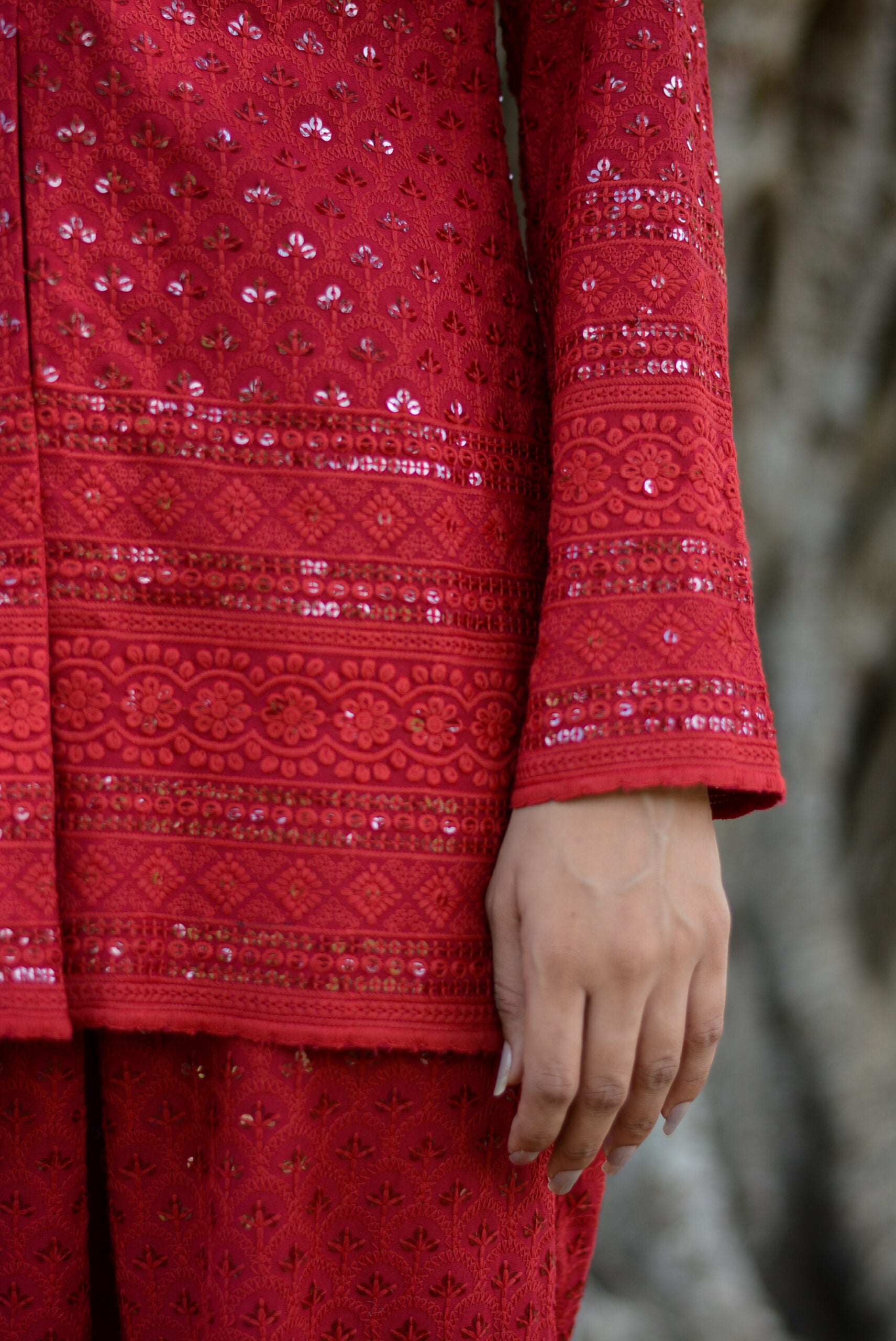Moh The eternal dhaga- Chikankari Carmine red Three-piece set