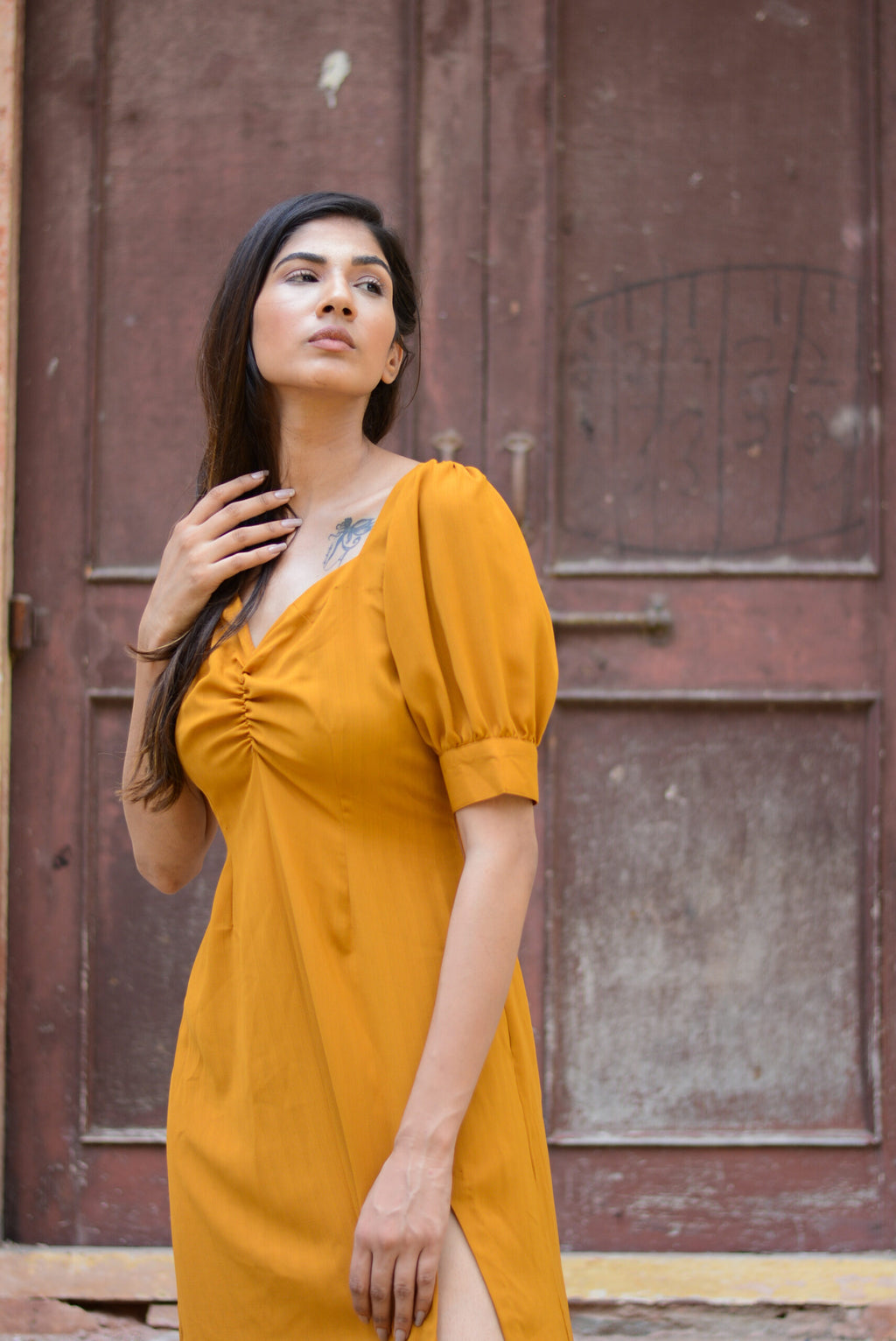 Mustard Slitty Midi Dress