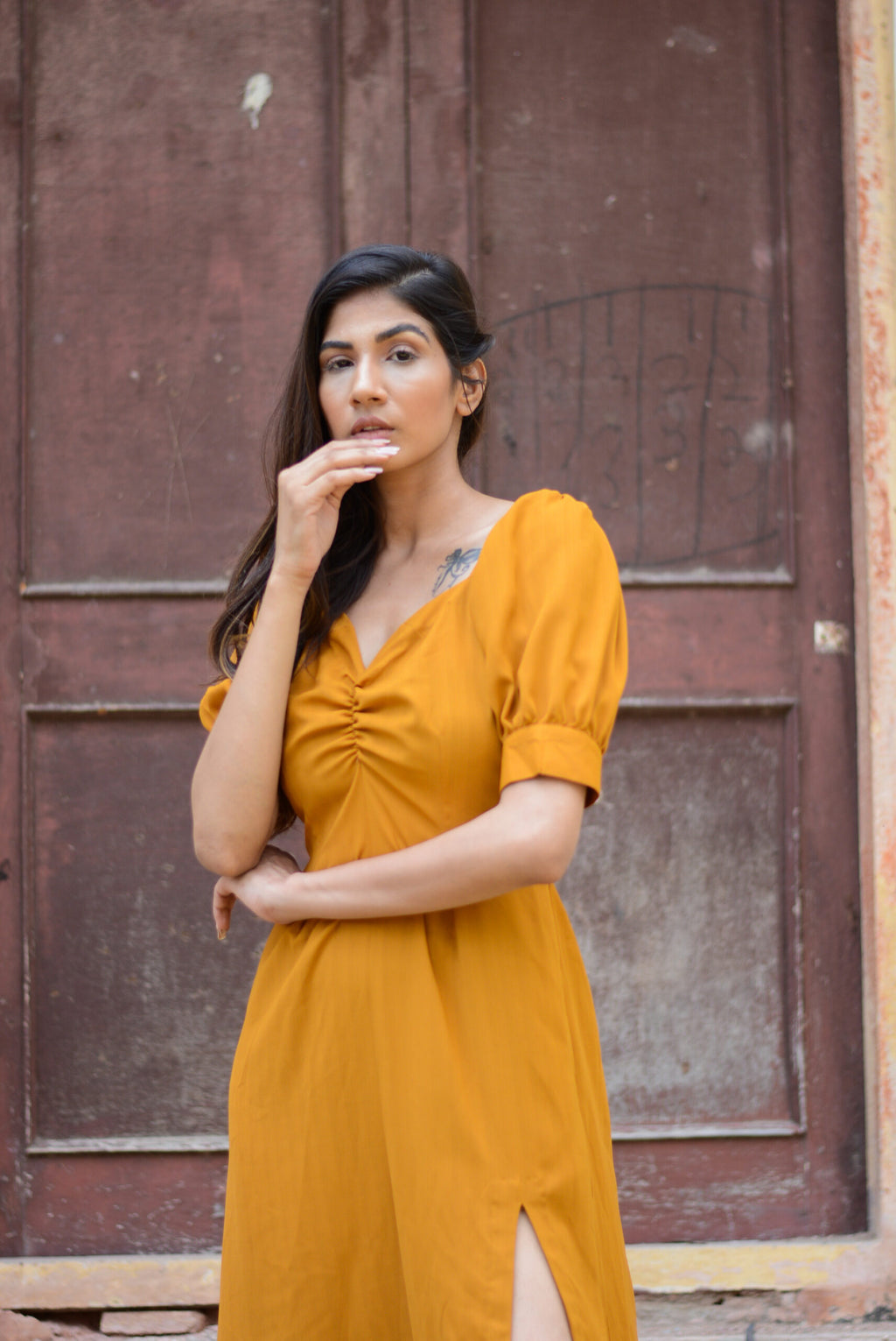 Mustard Slitty Midi Dress