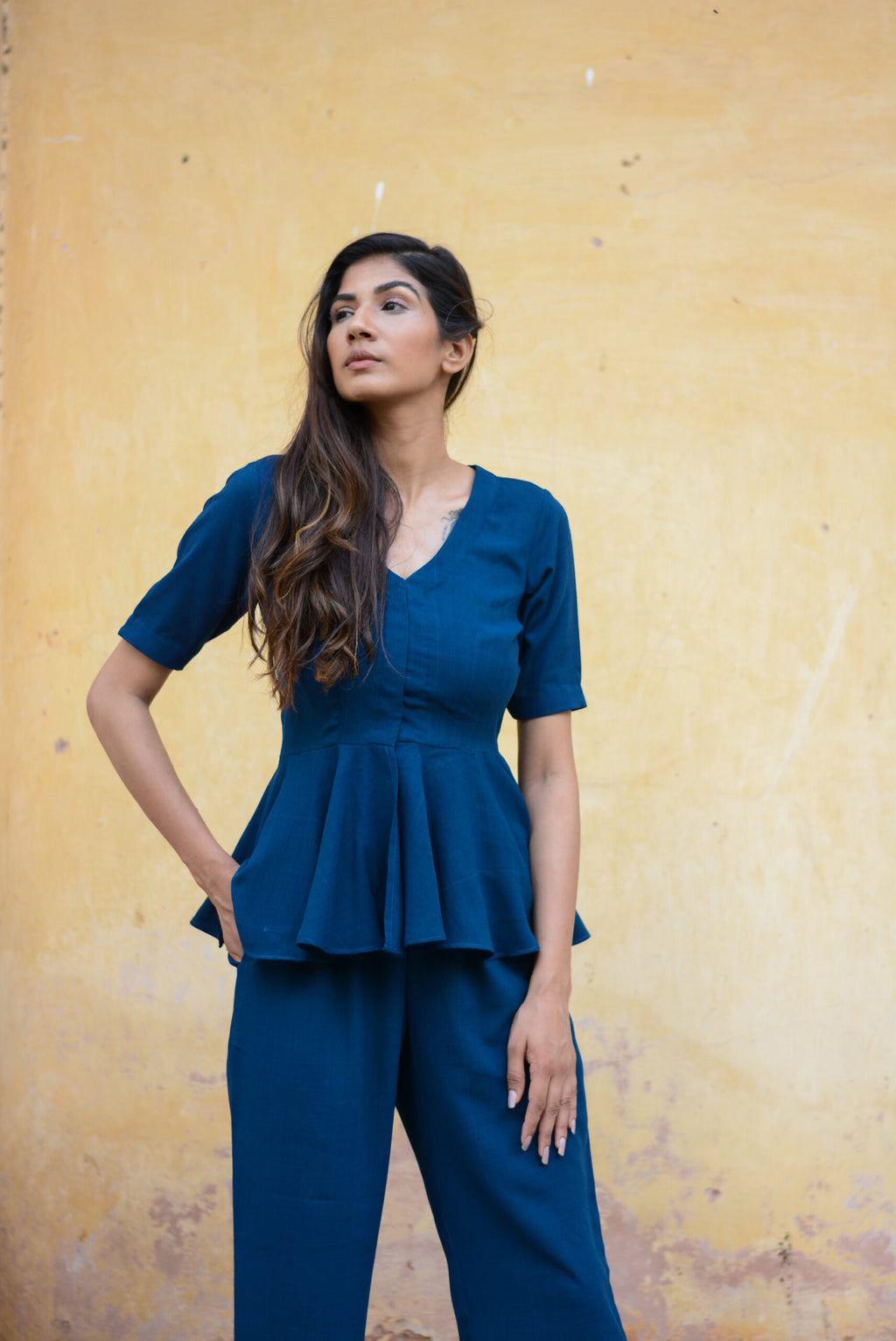 Soild Yale Blue peplum co-ord set