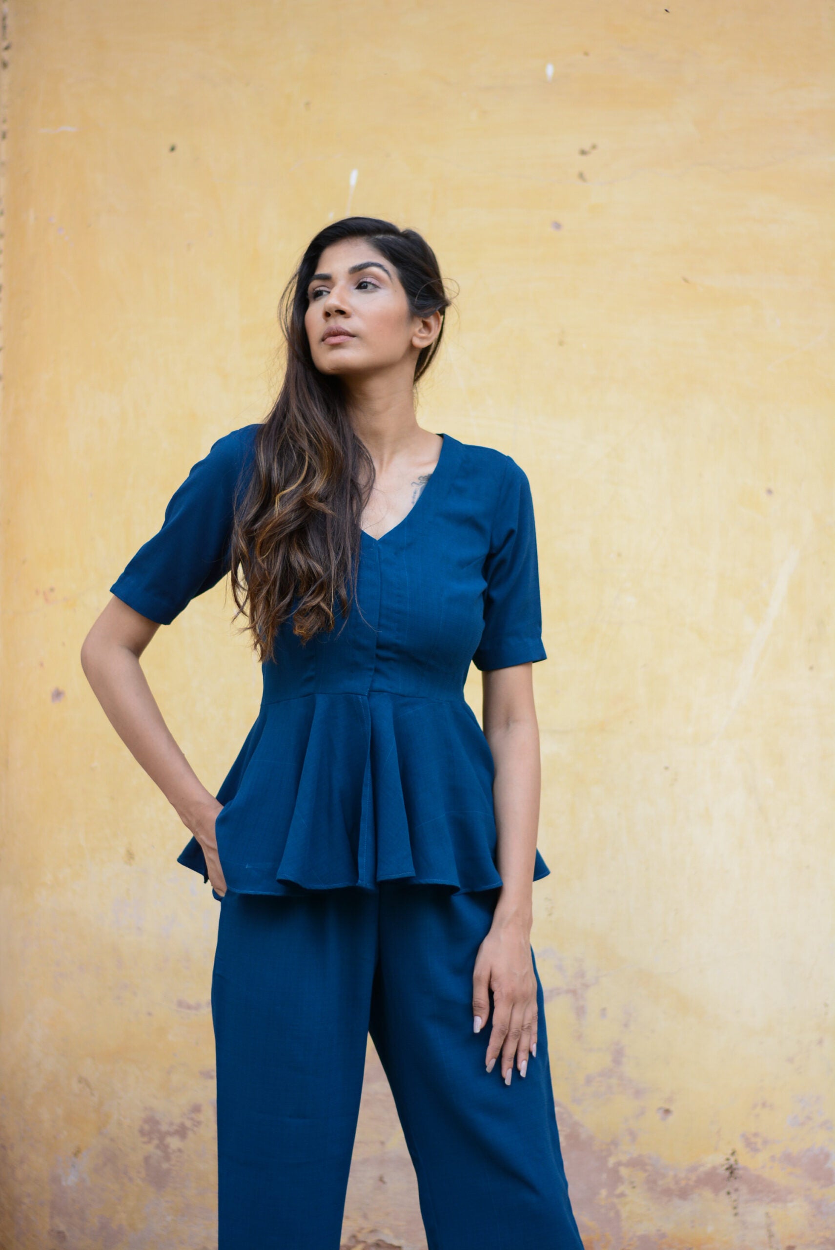 Soild Yale Blue peplum co-ord set