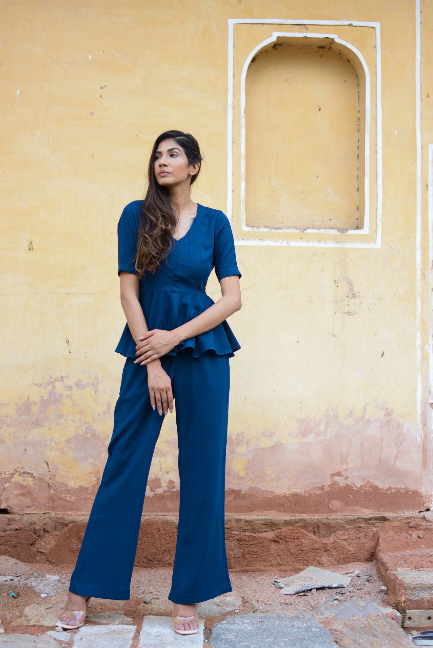 Soild Yale Blue peplum co-ord set
