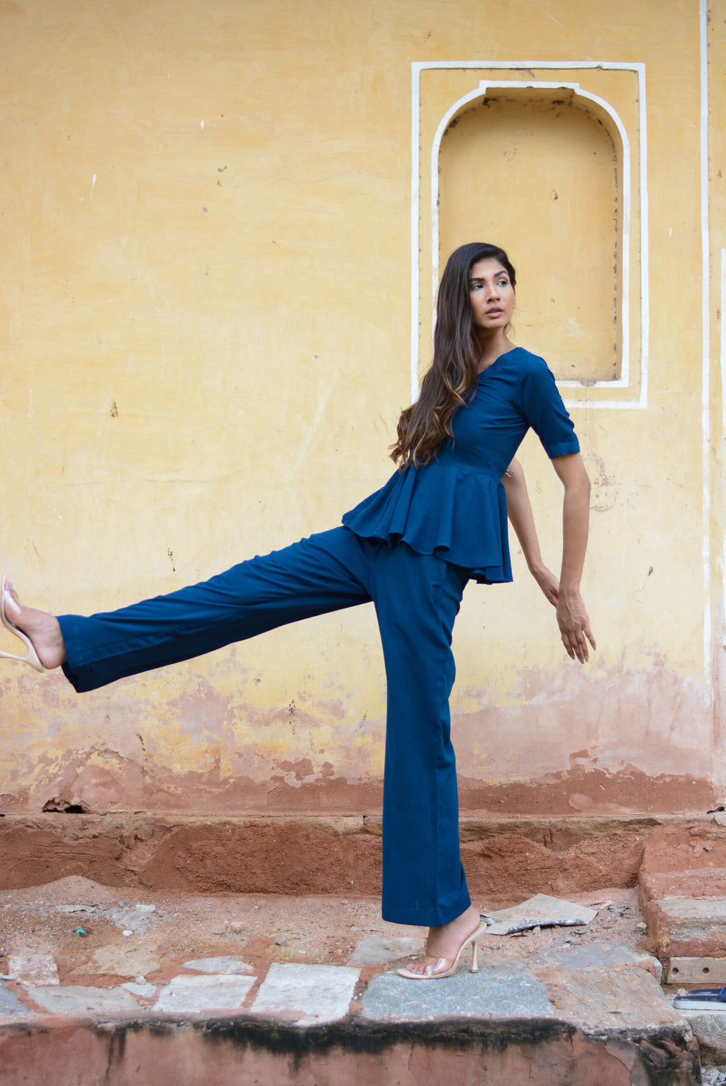 Soild Yale Blue peplum co-ord set