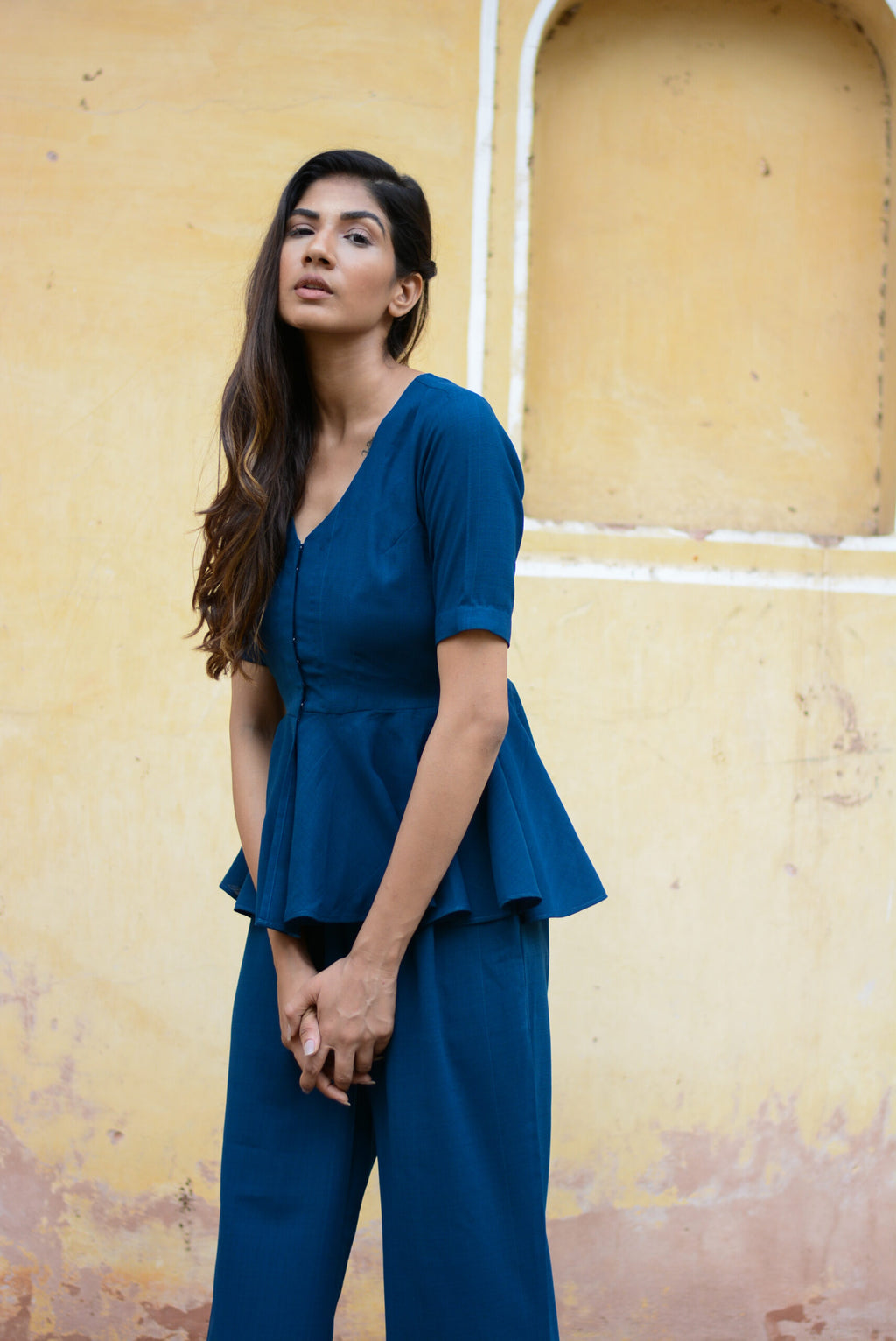 Soild Yale Blue peplum co-ord set