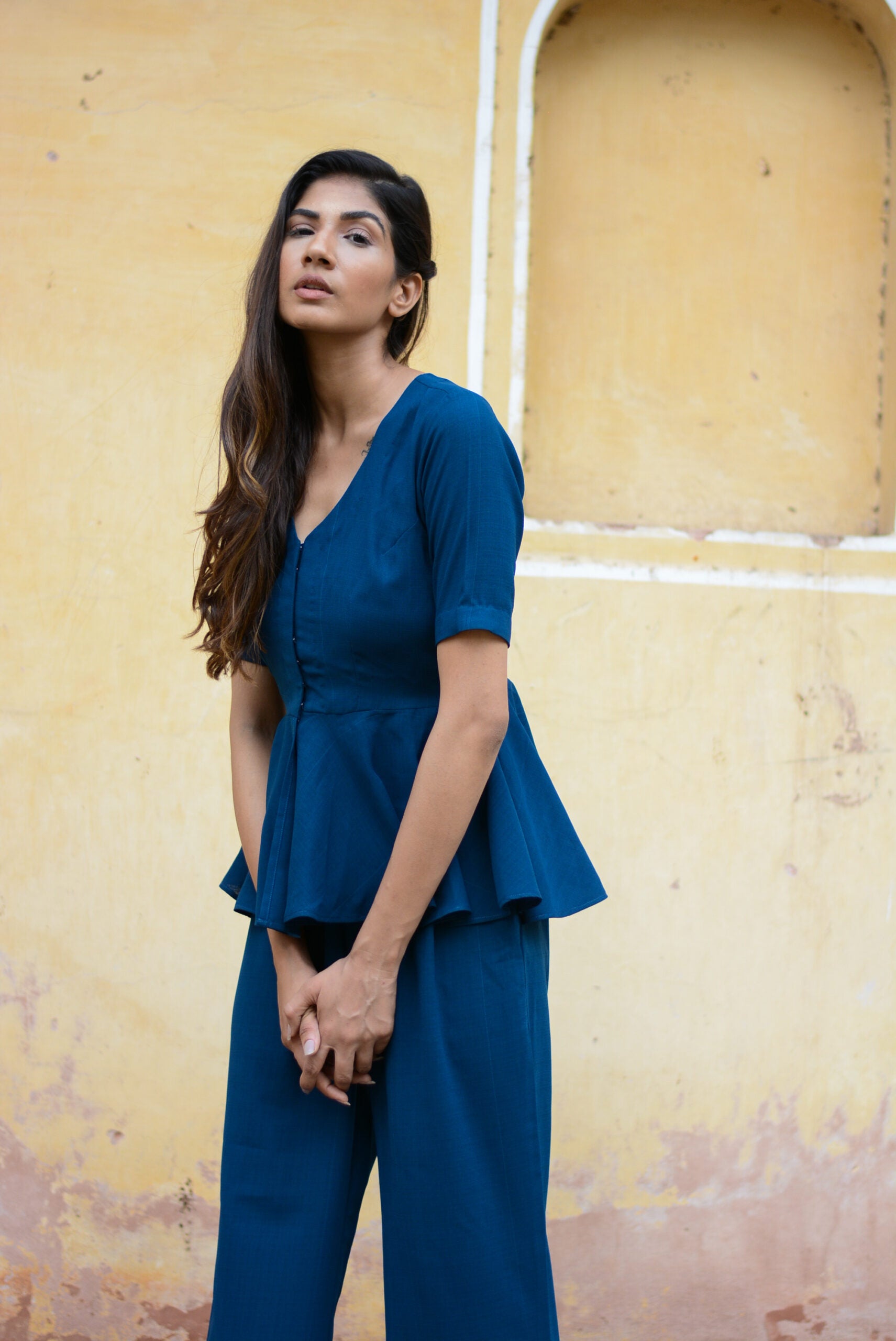 Soild Yale Blue peplum co-ord set