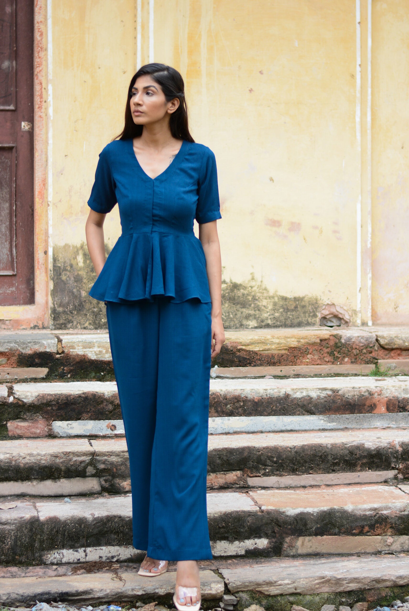 Soild Yale Blue peplum co-ord set