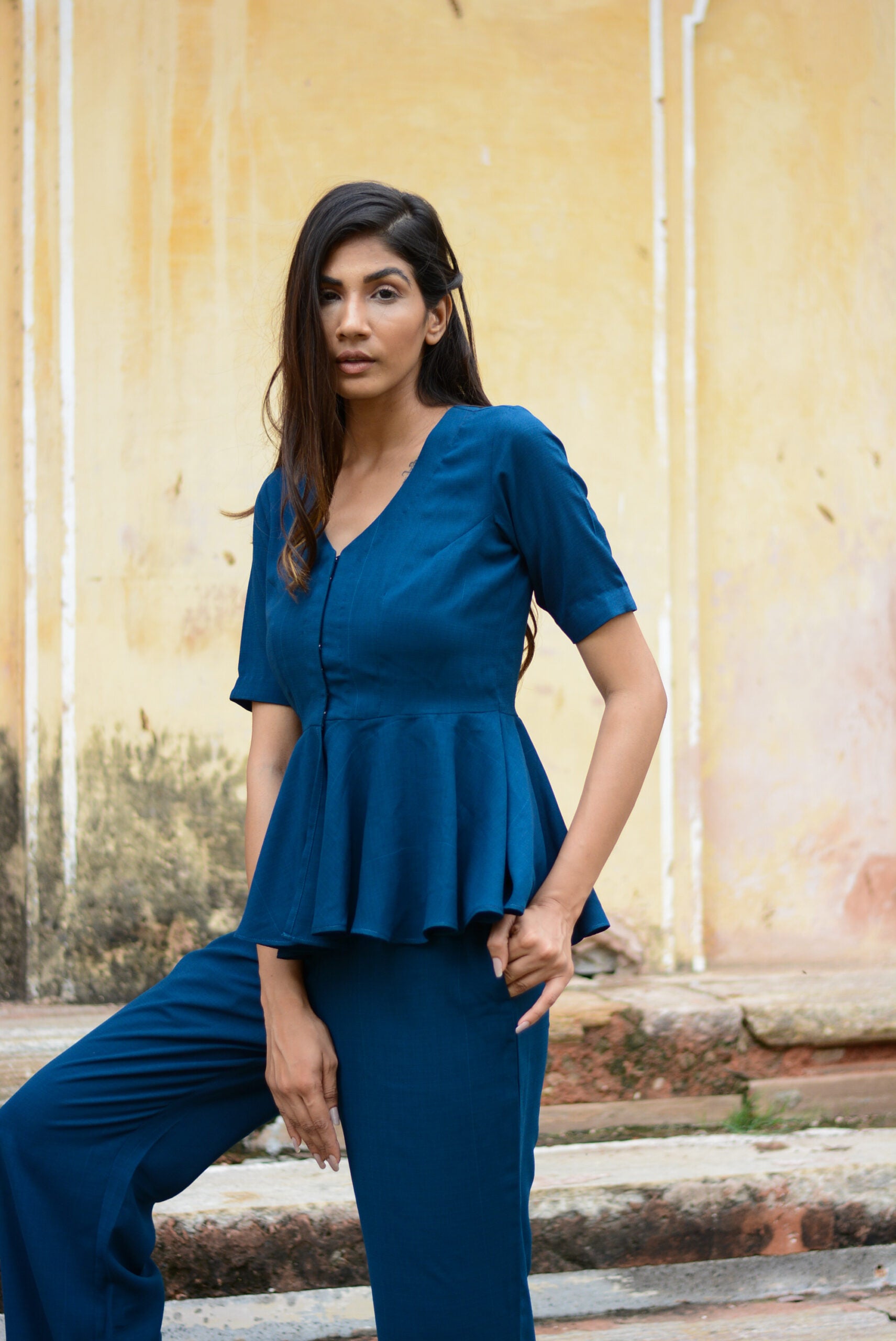 Soild Yale Blue peplum co-ord set