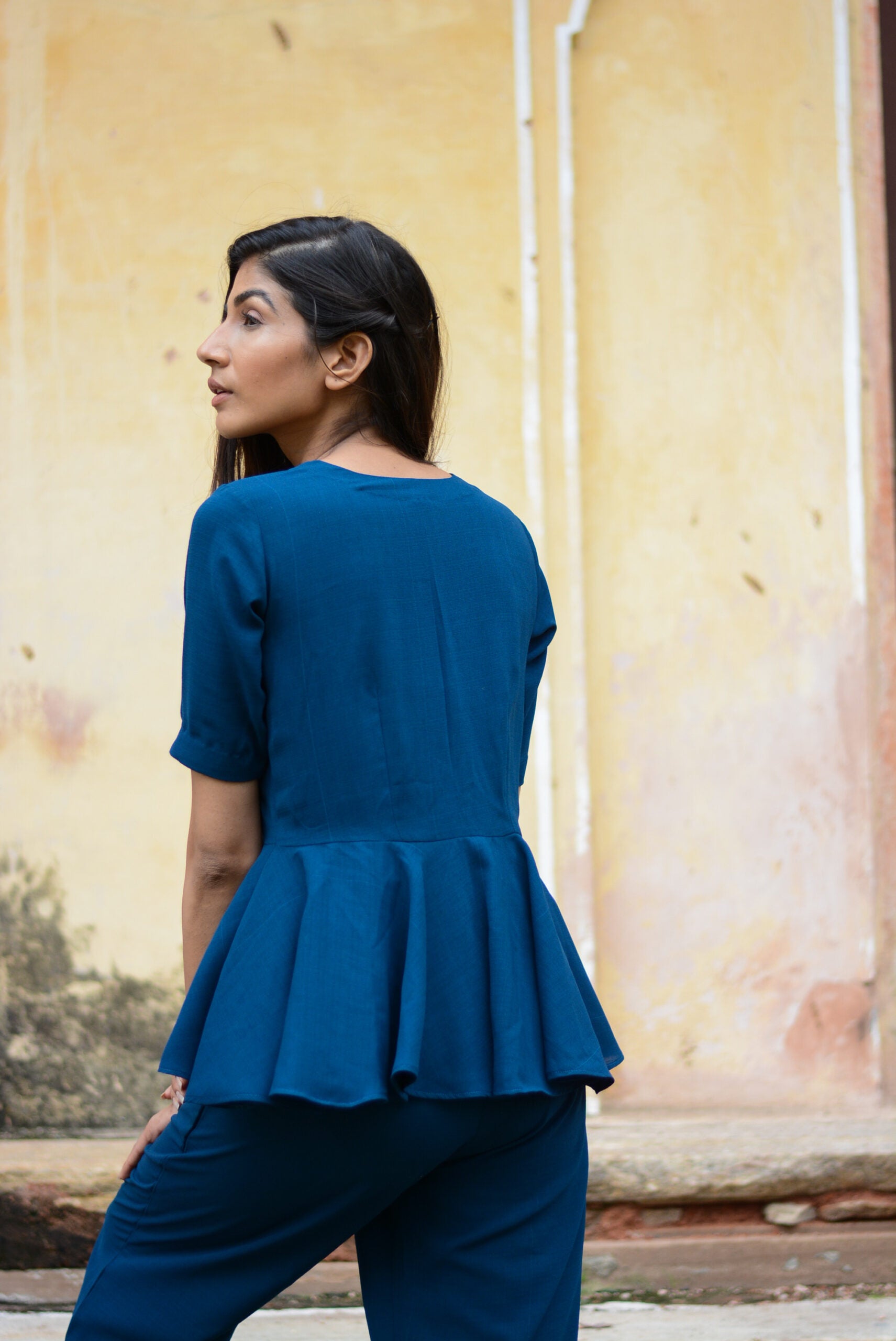 Soild Yale Blue peplum co-ord set
