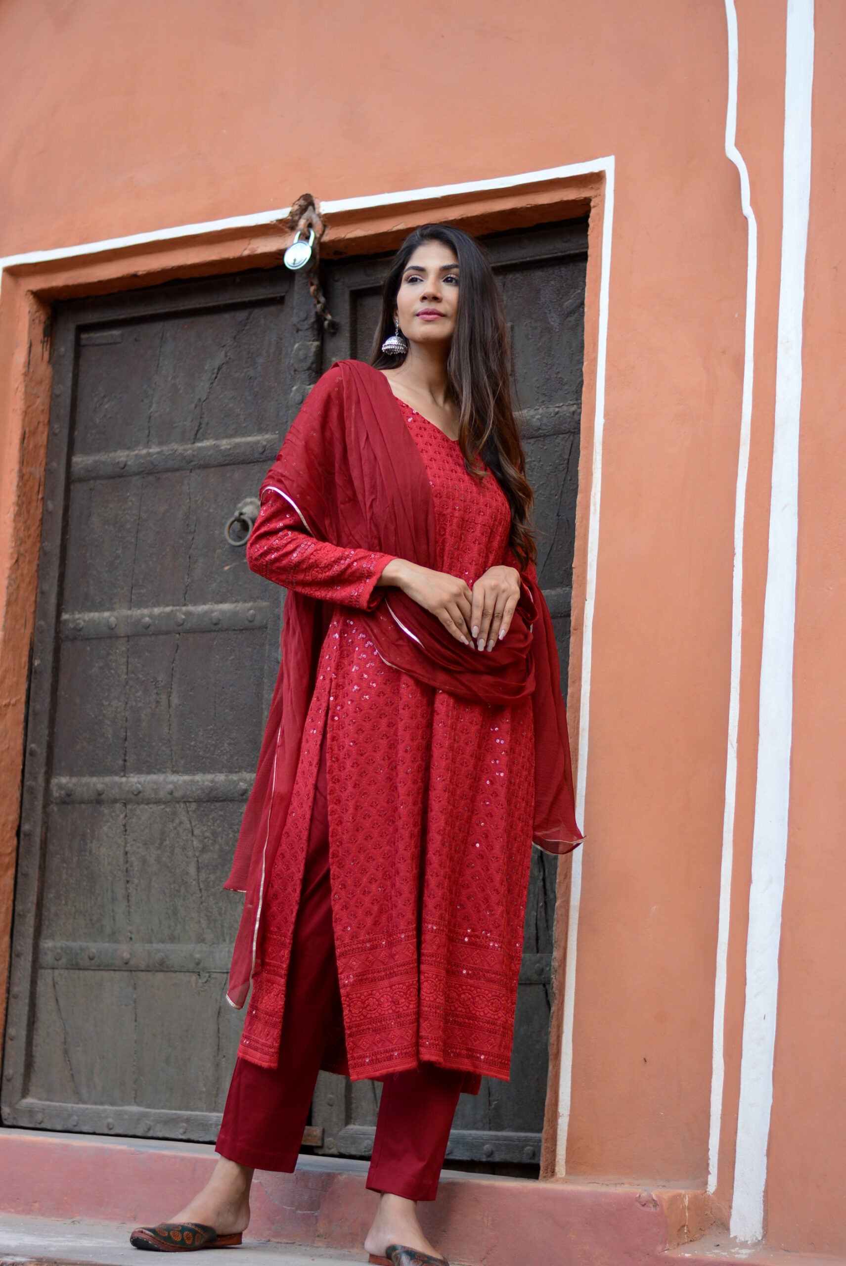 Carmine red chikankari three piece suit set