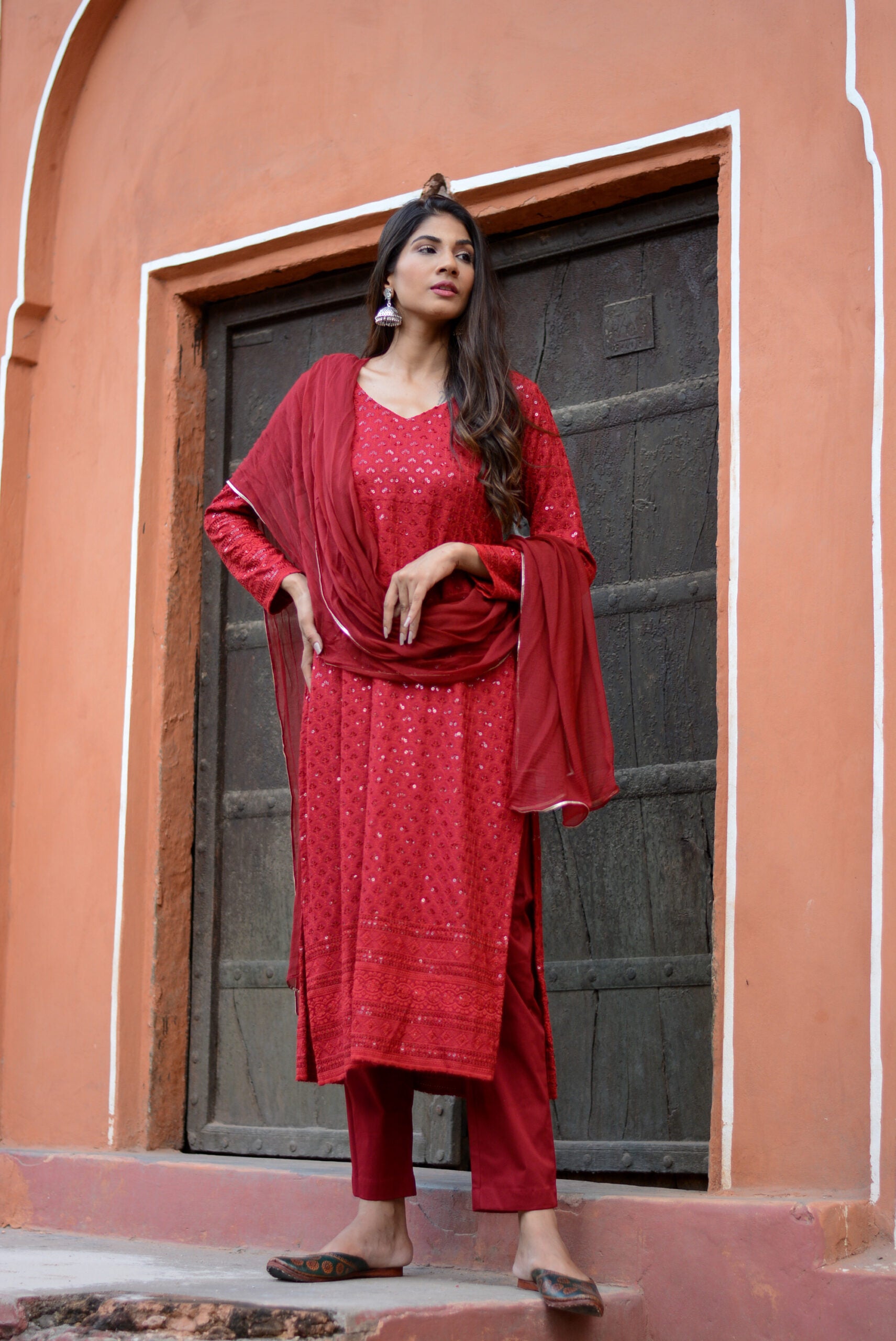 Carmine red chikankari three piece suit set