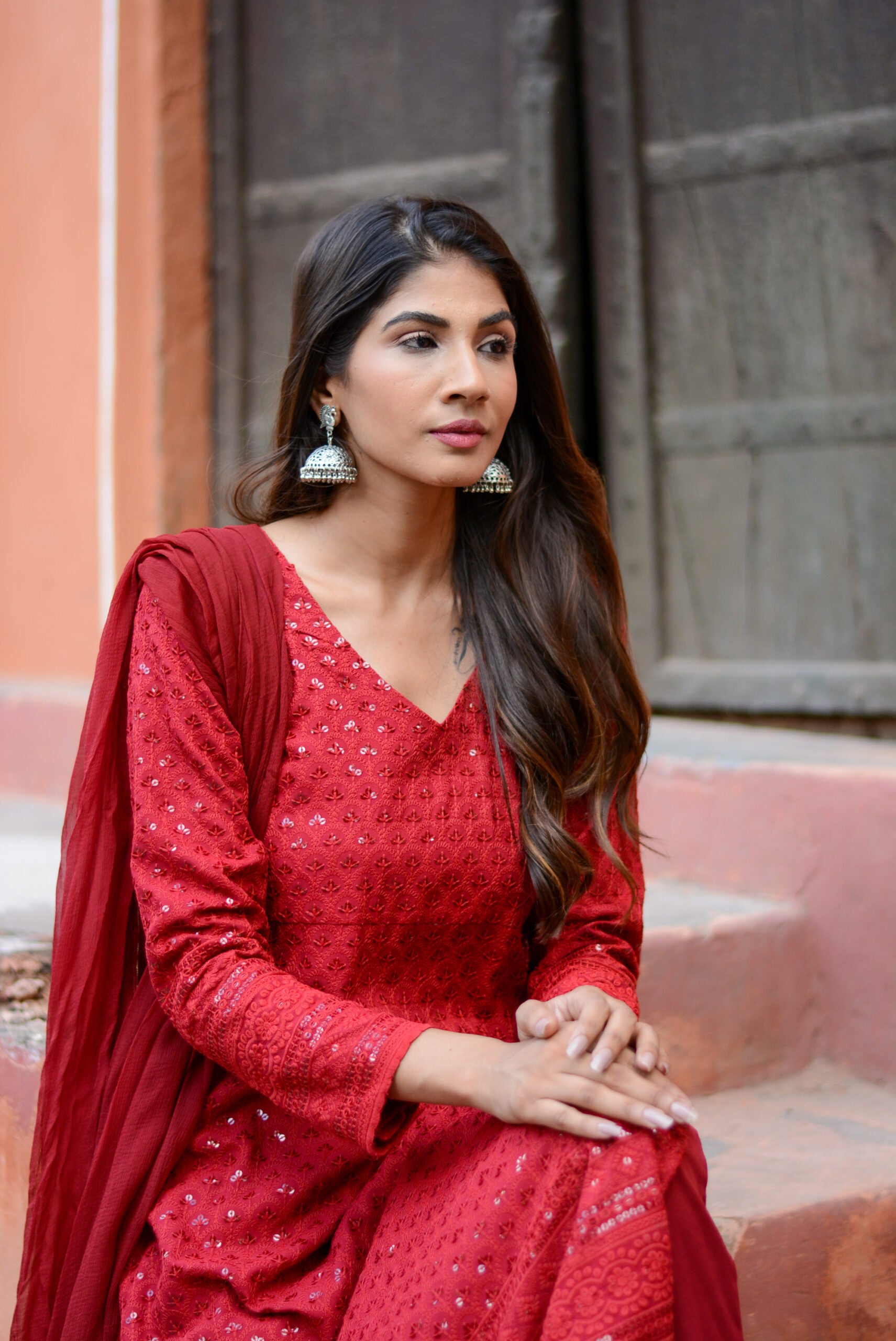Carmine red chikankari three piece suit set