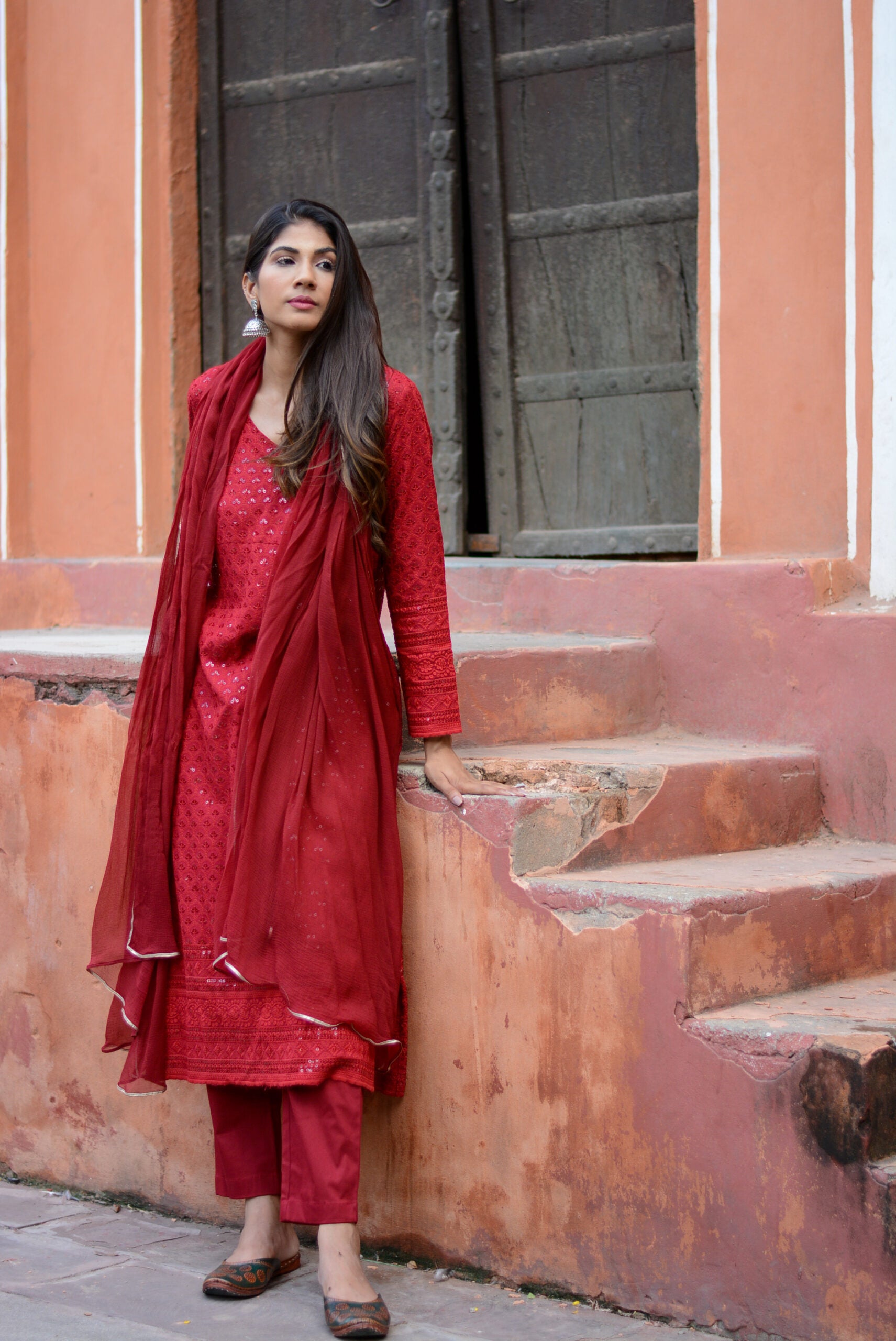 Carmine red chikankari three piece suit set