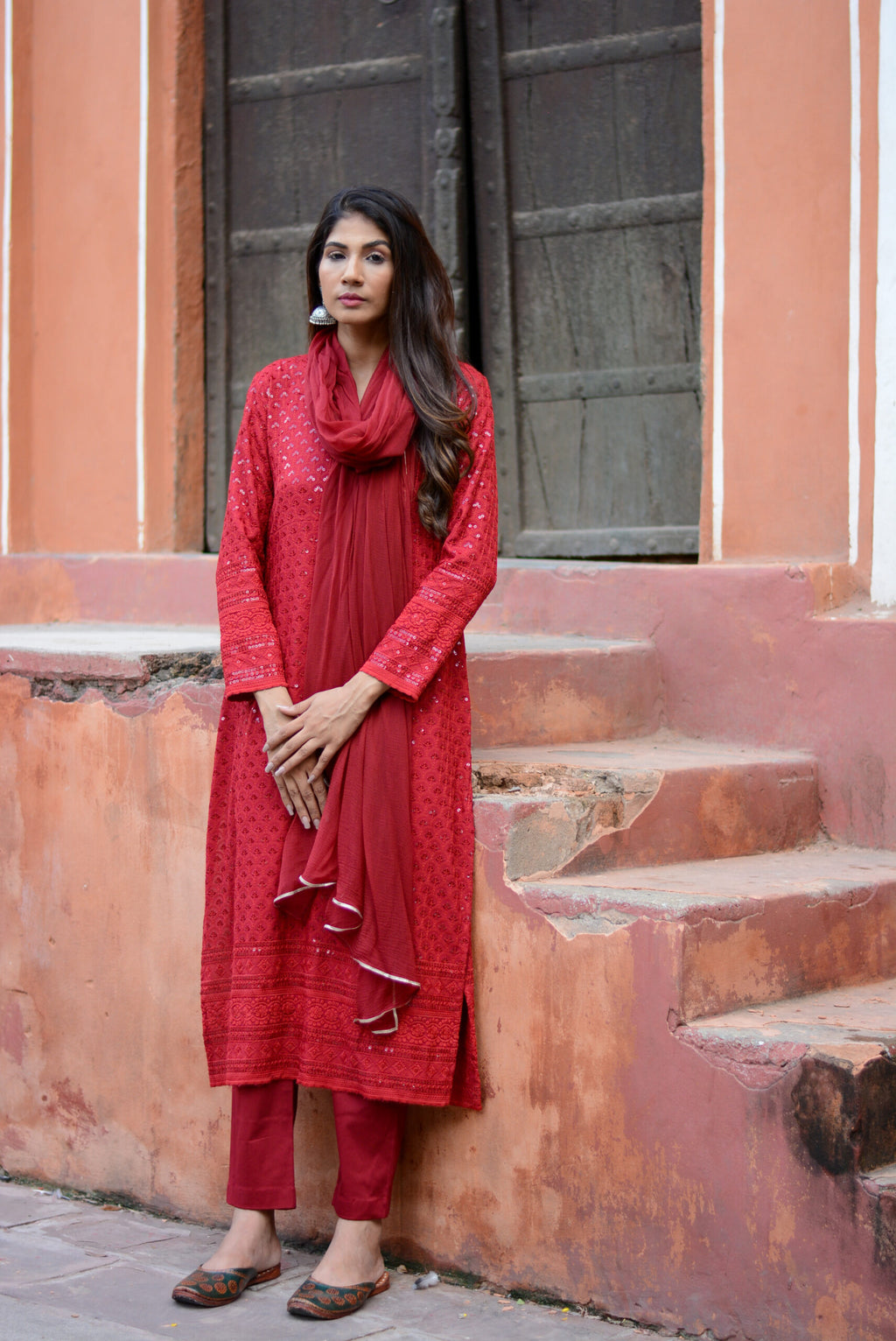 Carmine red chikankari three piece suit set