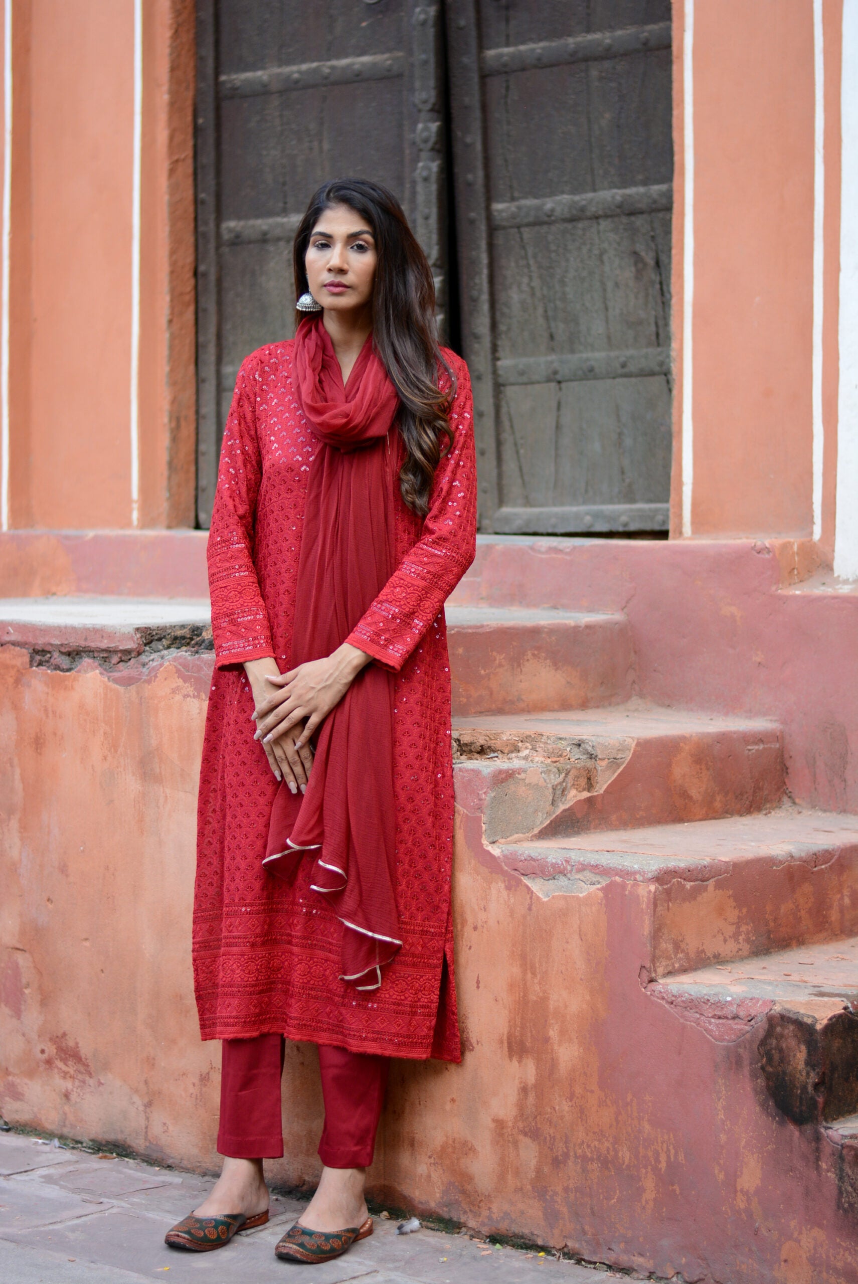 Carmine red chikankari three piece suit set