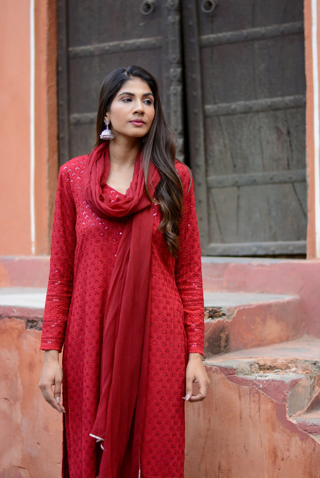 Carmine red chikankari three piece suit set