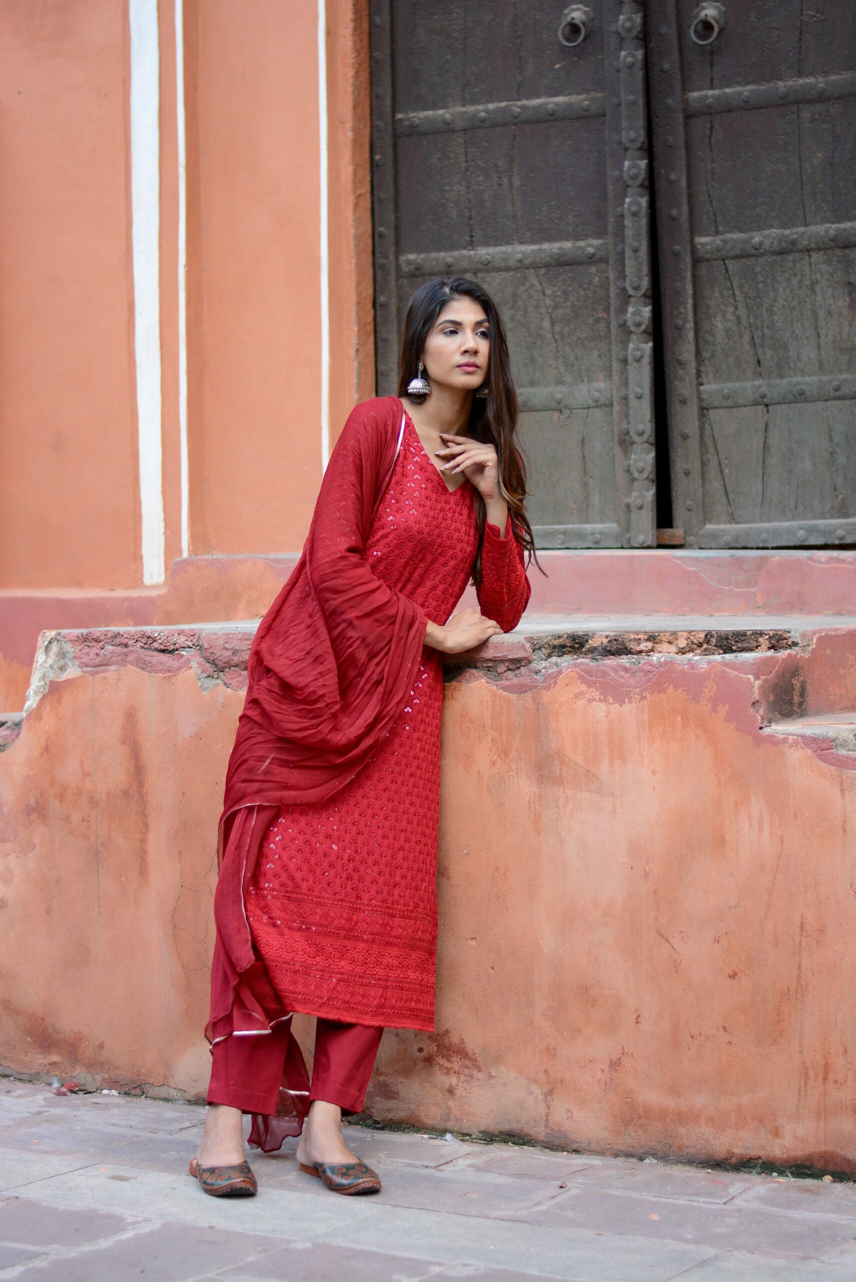 Carmine red chikankari three piece suit set