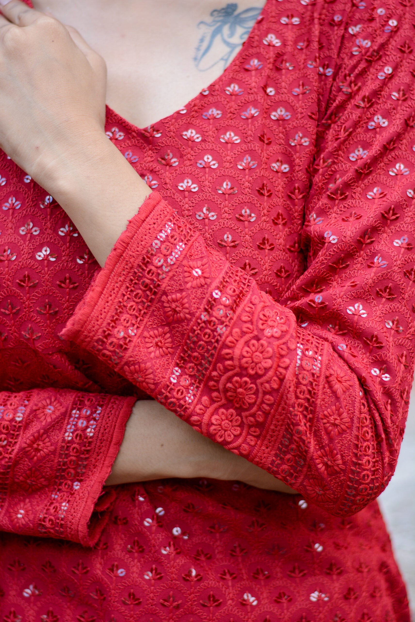 Carmine red chikankari three piece suit set