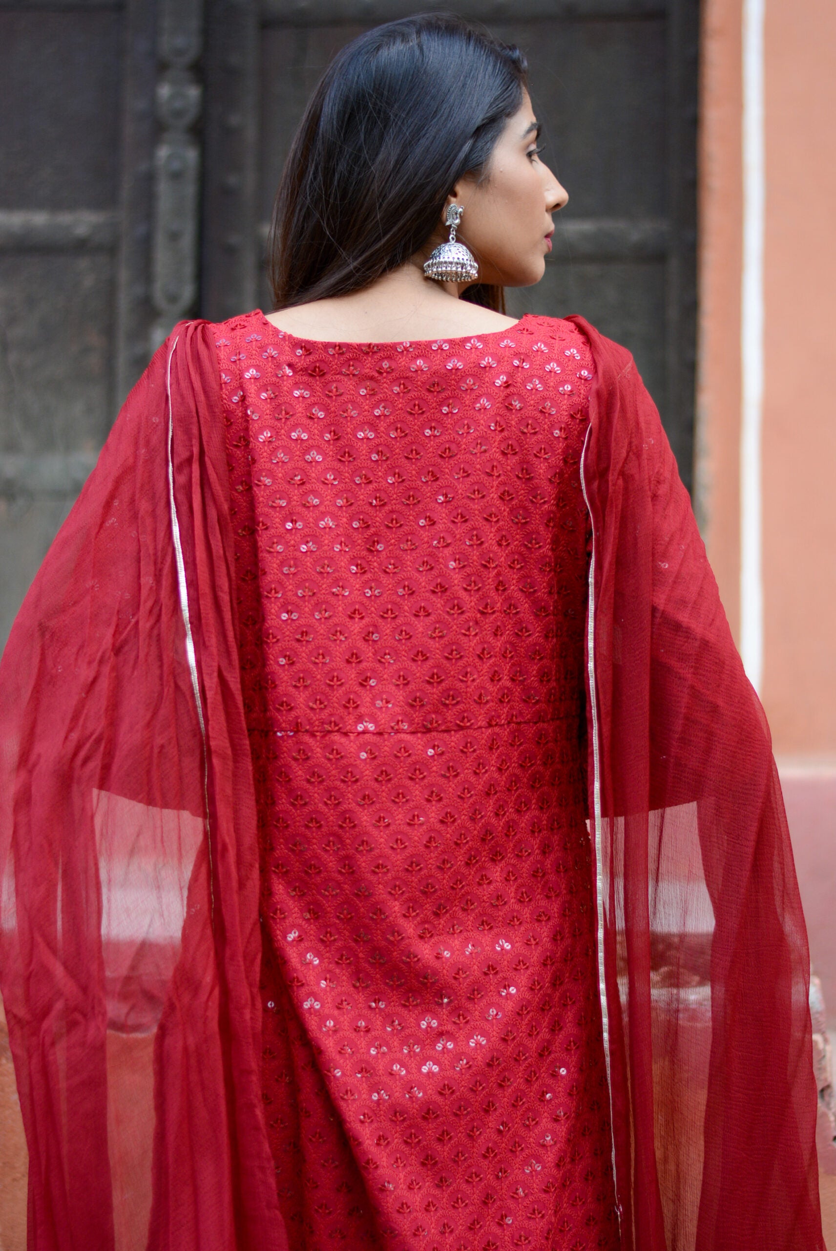 Carmine red chikankari three piece suit set