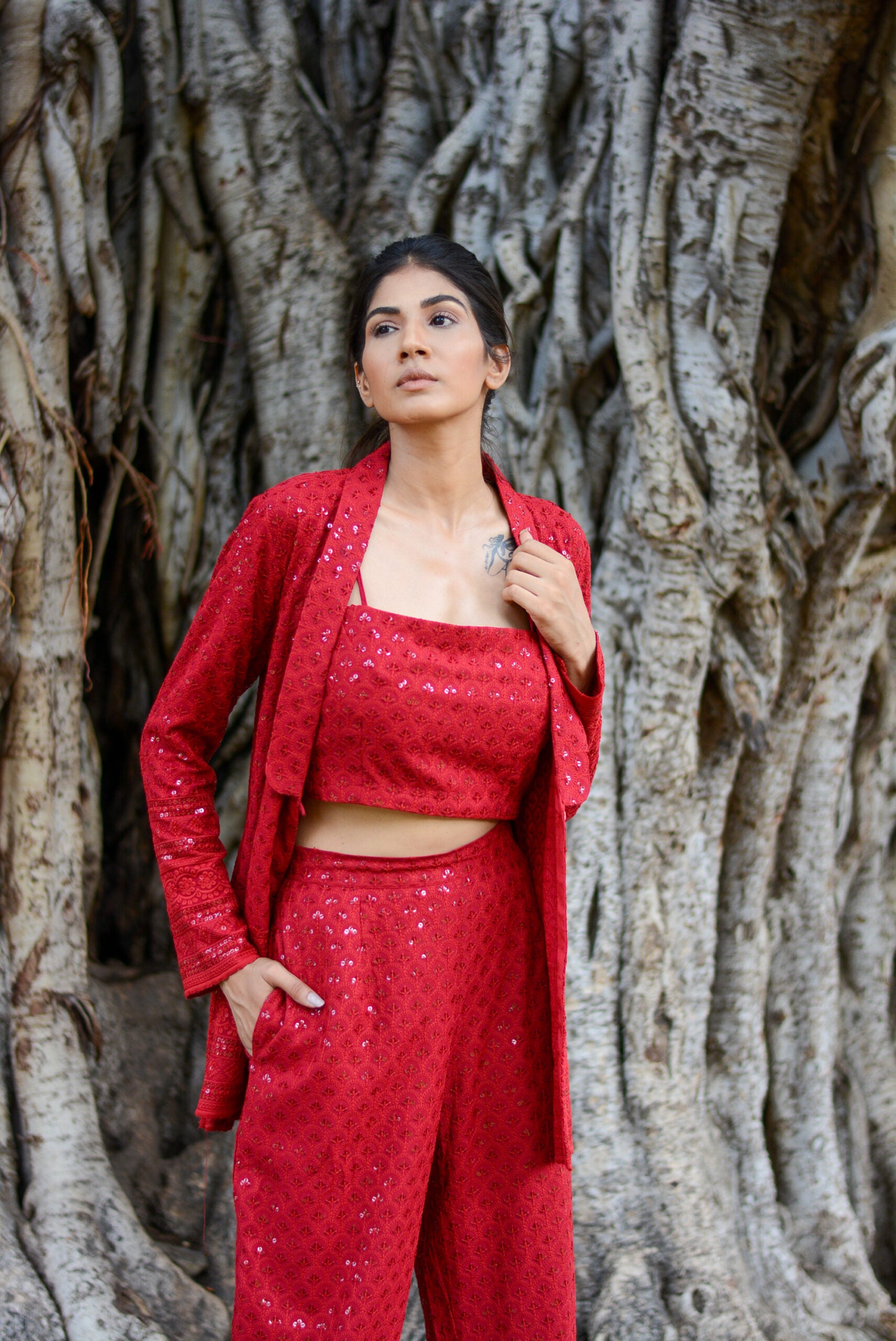 Moh The eternal dhaga- Chikankari Carmine red Three-piece set